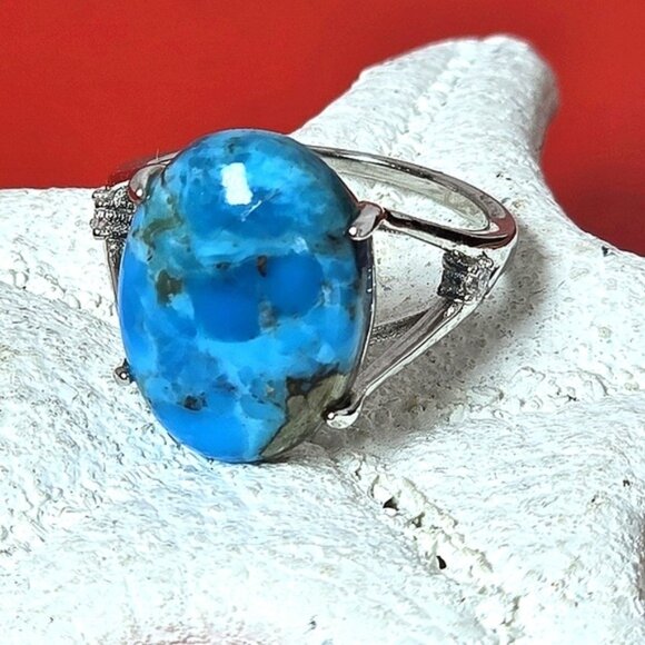 925 Sterling Silver Ring SZ 7 with Natural 12x15mm Turquoise Gemstone & CZ - Picture 5 of 12